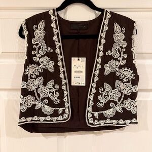 Brown Vest Zara with White Raised Floral Embroidery